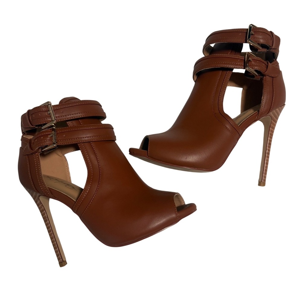 Cognac Brown Peep Toe Stiletto Booties Double Buckle Ankle Strap Cut Out Size 10